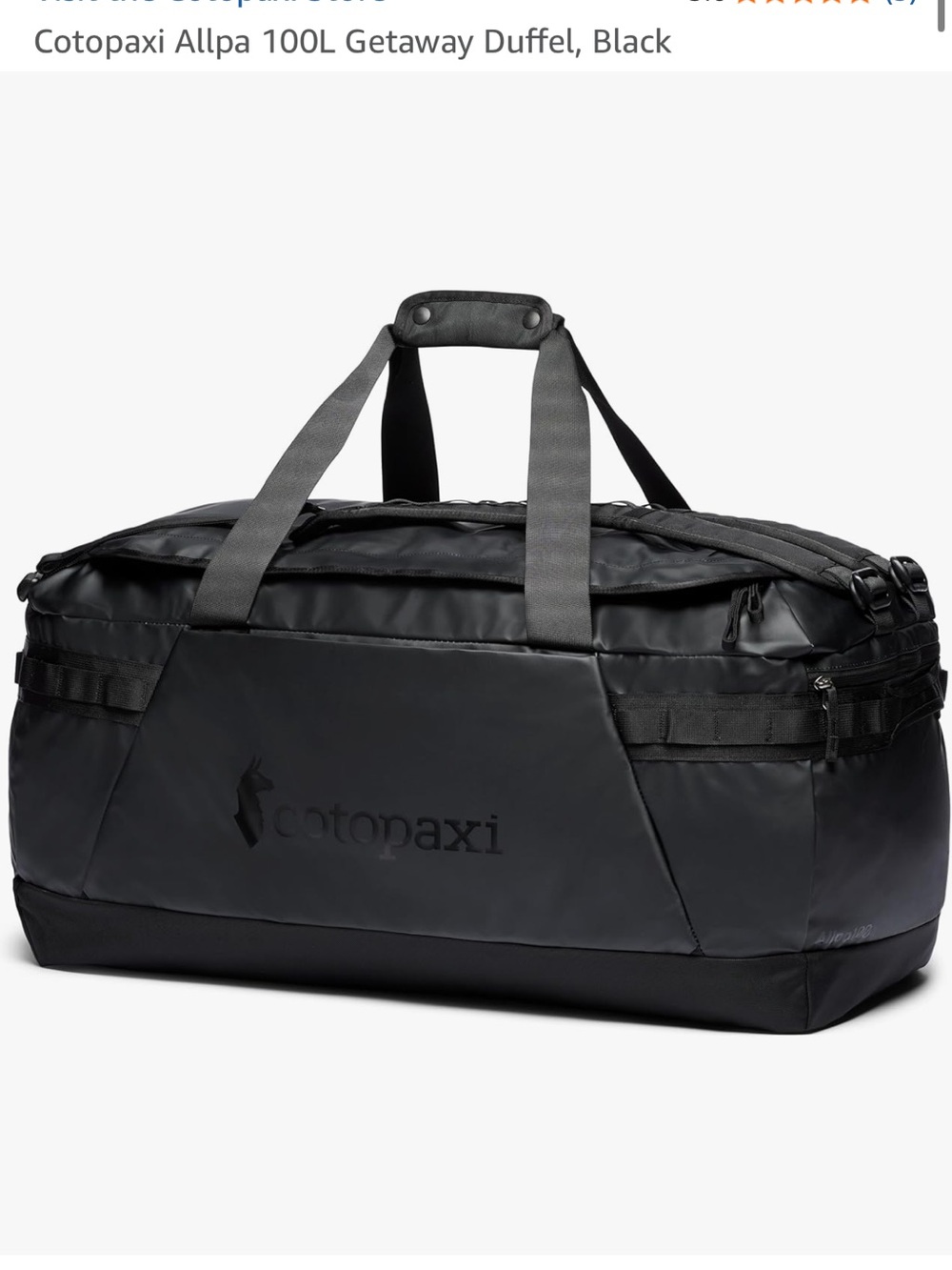 Cotopaxi Black Duffel 100L with Carry Straps and storage bag